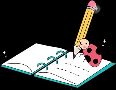 Open notebook with a pencil and ladybug