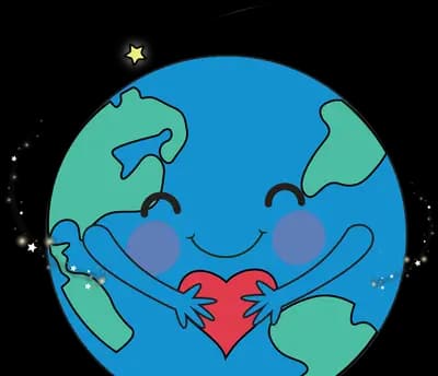 Smiling earth hugging a large red heart