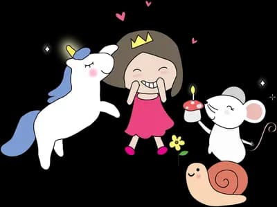 Girl with a unicorn, mouse and snail companions
