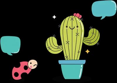 Potted cactus with a ladybug and speech bubbles