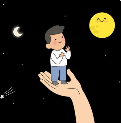 Tiny man standing on a giant open hand