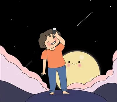 Boy standing beside a smiling moon on a dark ridge