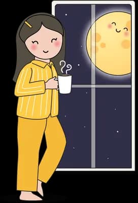 Woman with a mug at a window beside a smiling moon