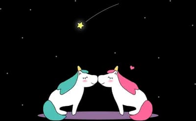 Two unicorns facing each other with hearts