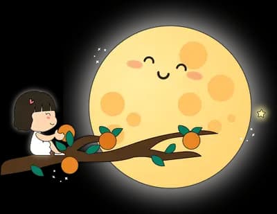 Girl on a branch beside a large smiling moon