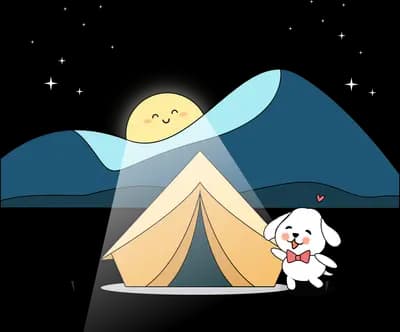 Tent under mountains with a smiling moon and dog