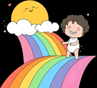 Girl standing on a rainbow beside a smiling sun