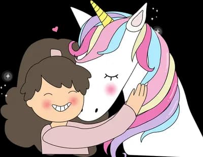 Girl hugging a rainbow-maned unicorn