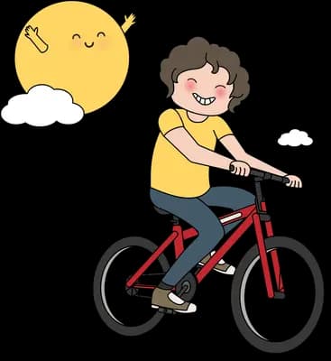 Boy cycling beneath a smiling sun
