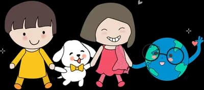 Children and a dog beside a smiling earth