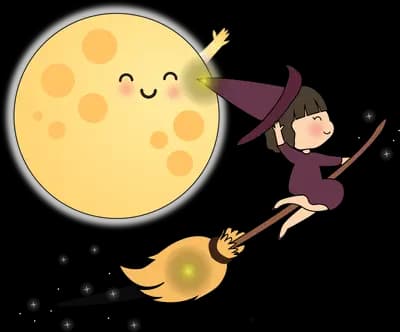 Witch on a broomstick flying past a large moon