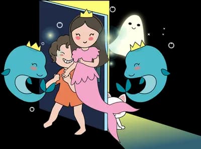 Mermaid and dolphins in a doorway of light