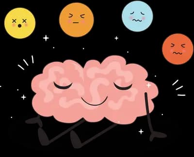Pink brain character walking beneath mood faces