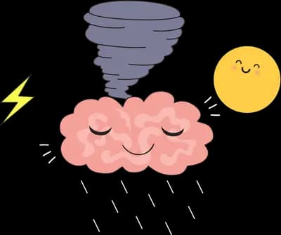 Brain under a storm cloud beside a smiling sun