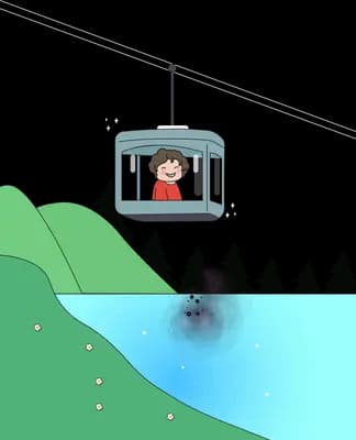 Cable car crossing above a green and blue valley