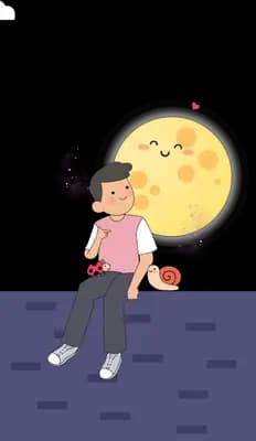 Girl on a dark ledge beside a smiling moon