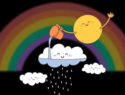 Small boat on a rainbow beneath a smiling sun