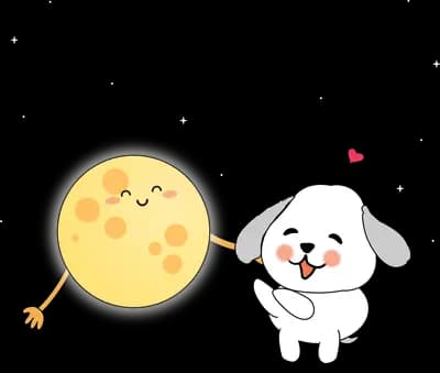 Dog holding a smiling moon like a balloon
