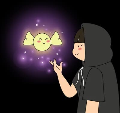 Girl in a black hood reaching toward a glowing winged moon in a purple haze