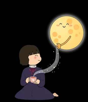 Girl kneeling with a mug linked by a beaded string to a smiling moon