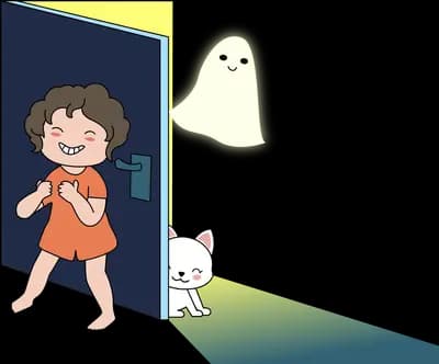 Girl running out of a dark doorway past a glowing ghost while a white cat peeks