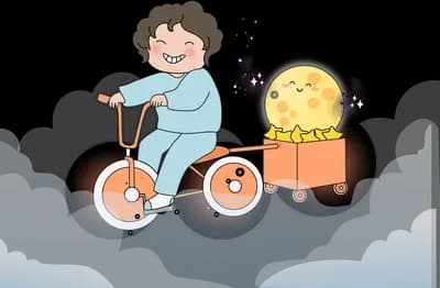 Boy cycling with a cart carrying a large smiling yellow moon
