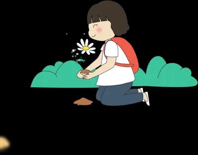 Girl kneeling to plant a white daisy in a garden bed