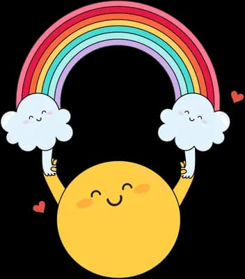 Smiling sun character holding up a rainbow arch resting on two clouds