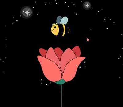 Bee hovering above a single red tulip on a green stem