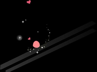Tiny pink bird perched on a thin dark branch with small hearts floating