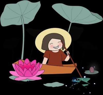 Girl in a straw hat paddling a small boat among pink lotus flowers and lily pads