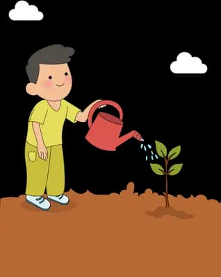 Man watering a young sprout growing in a plot of soil