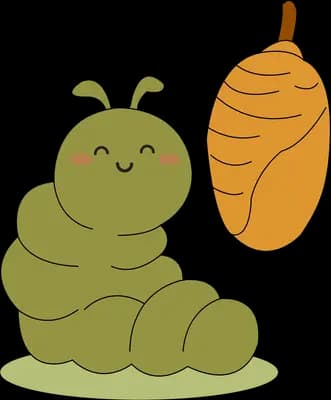 Green caterpillar sitting beside a brown cocoon on a patch of grass