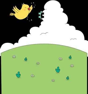 Yellow bird flying over a green hill with a large white cloud and small bushes