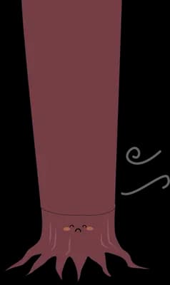 Tall bare maroon tree trunk with spreading roots and a tiny face at its base