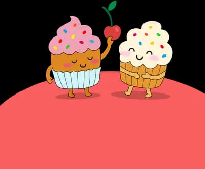 Two smiling cupcake characters with a cherry standing on a red panel
