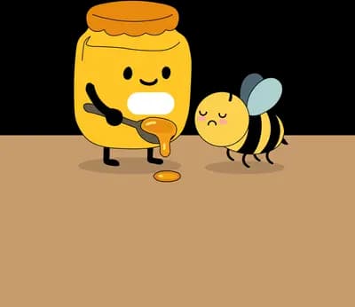 Smiling honey jar with a dipper beside a bee on a brown panel