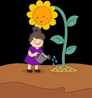 Girl in purple watering a tall smiling sunflower growing from the soil