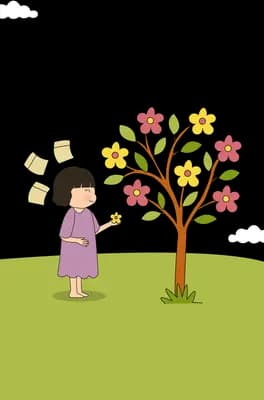 Girl beside a blossoming tree on a green field with notes floating around her