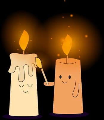 One lit candle character passing its flame to another candle