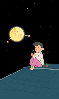 Couple sitting on a cliff above the sea while a smiling moon holds a lollipop overhead
