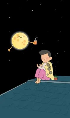 Couple wrapped in a patterned blanket on a cliff above the sea under a smiling moon