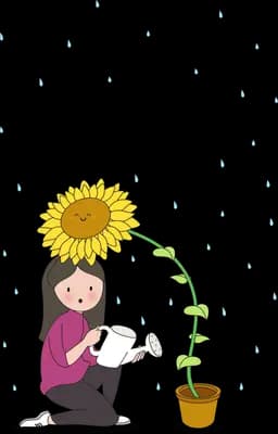 Woman kneeling under a drooping sunflower watering it from a can