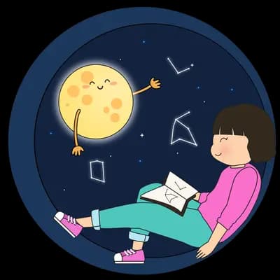 Girl reading a book beside a glowing moon inside a round night sky scene