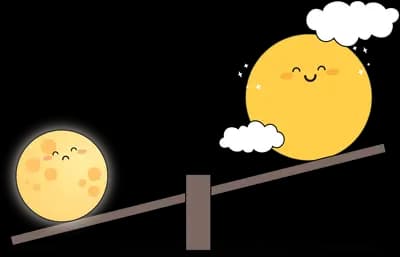 Smiling sun and moon balanced on a seesaw with clouds