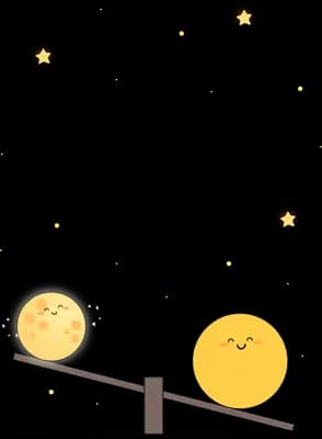 Two smiling moons tipping on a seesaw with small stars floating above