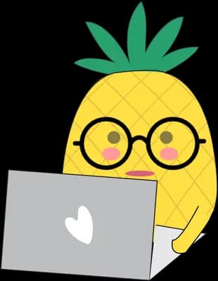 Pineapple character in round glasses working at a laptop