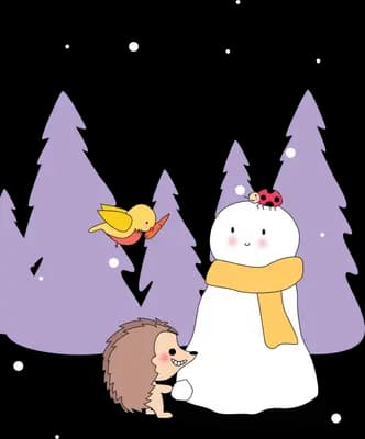 Snowman in a yellow scarf with a hedgehog and a bird among purple pines