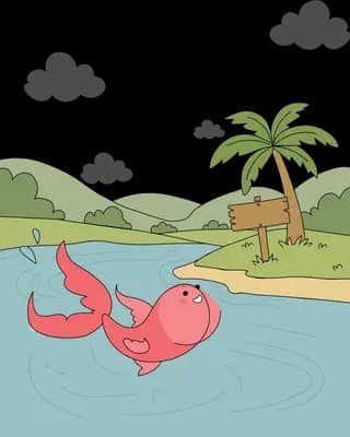 Pink fish swimming in a lake beside a palm tree shore and green hills