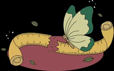 Butterfly resting on a rolled scroll lying on pink ground with drifting leaves